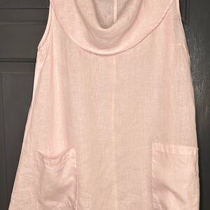 Vtg Match Point 100% Linen Dress Sleeveless Tunic Pink Pockets Made In USA Sz M